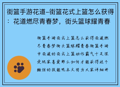 街篮手游花道-街篮花式上篮怎么获得：花道燃尽青春梦，街头篮球耀青春